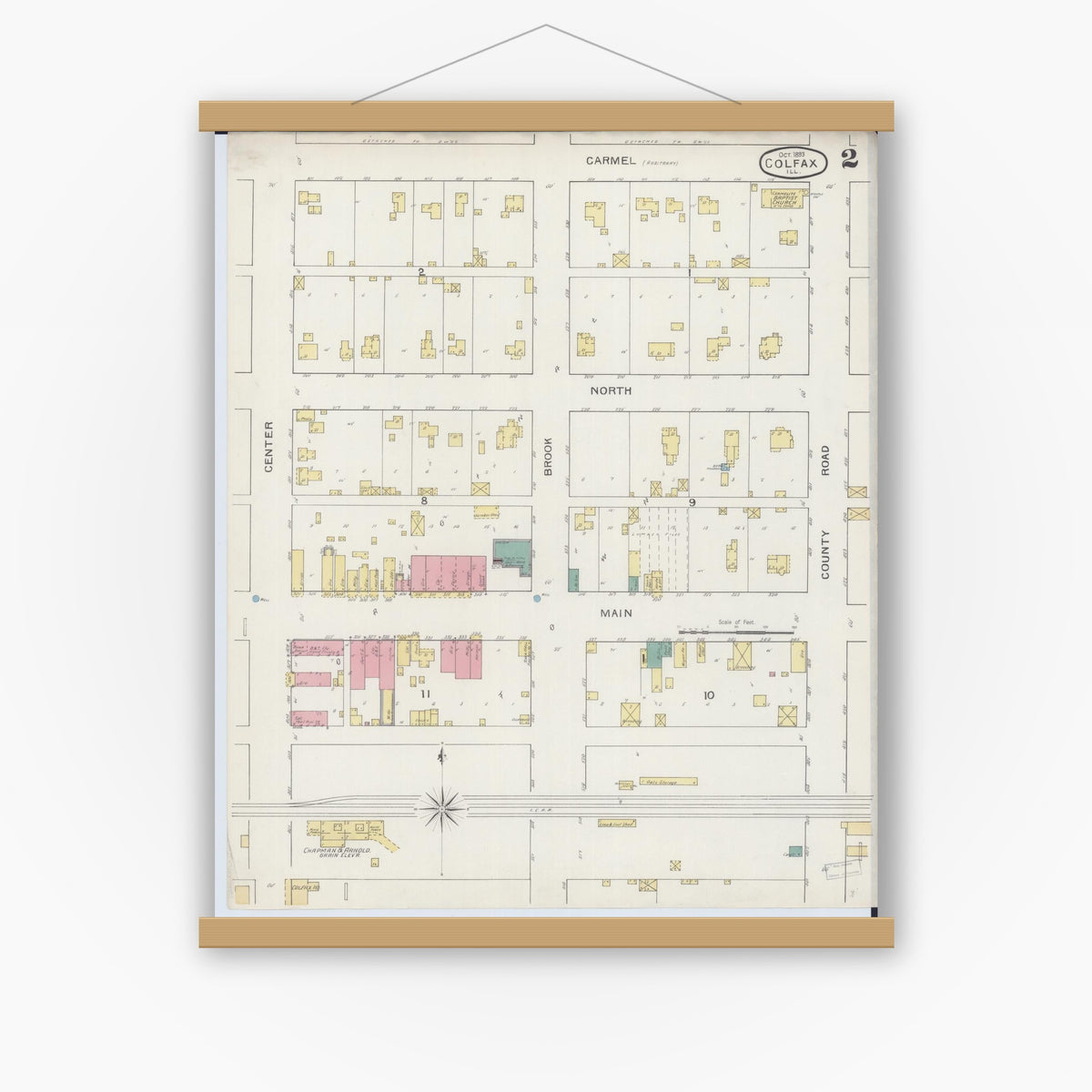 Old map wall art mockup — magnetic wood frame on white wall — Sanborn Fire Insurance Map from Colfax, McLean County, Illinois (1893), Sheet #0002