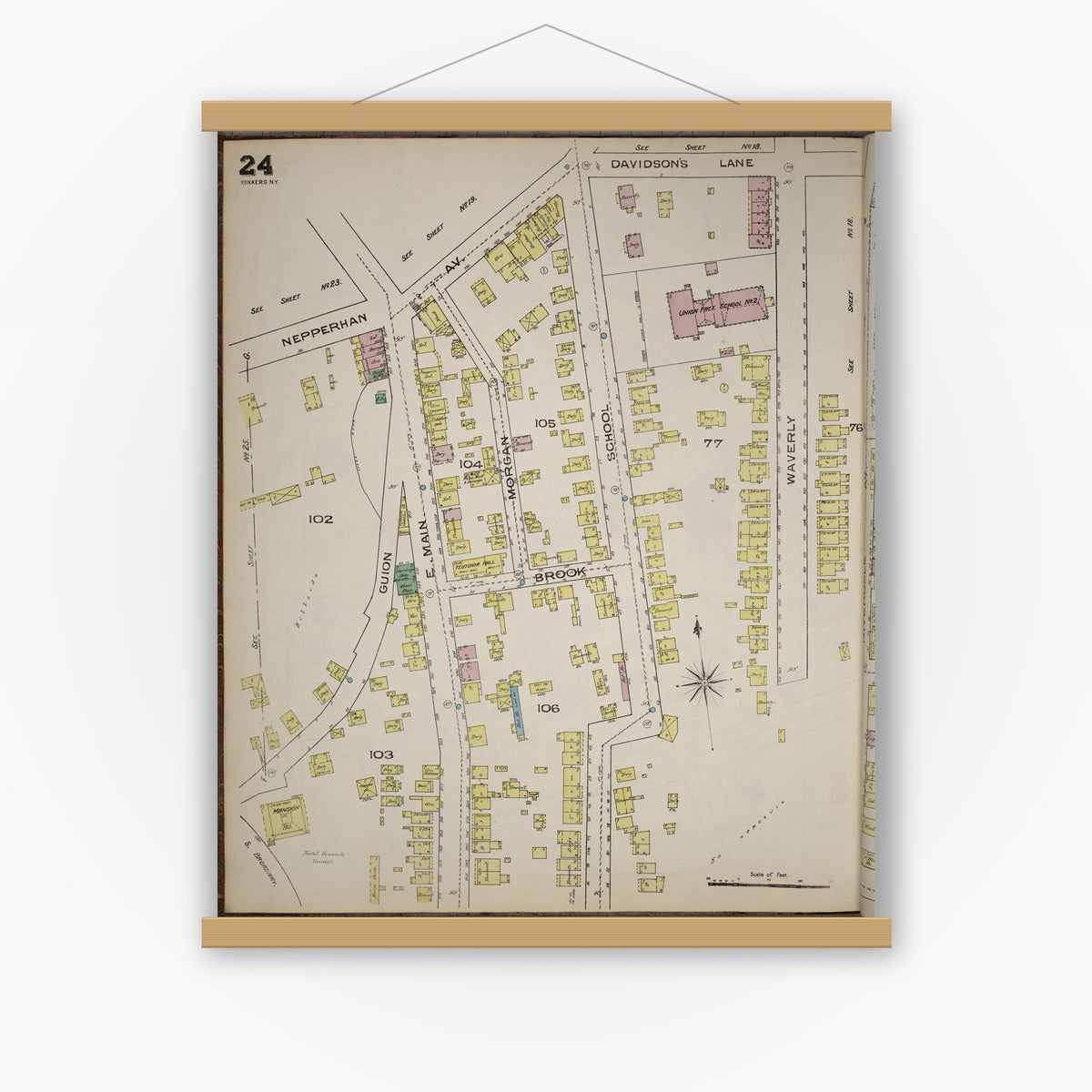 Old map wall art mockup — magnetic wood frame on white wall — Sanborn Fire Insurance Map from Yonkers, Westchester County, New York (1886), Sheet #0024