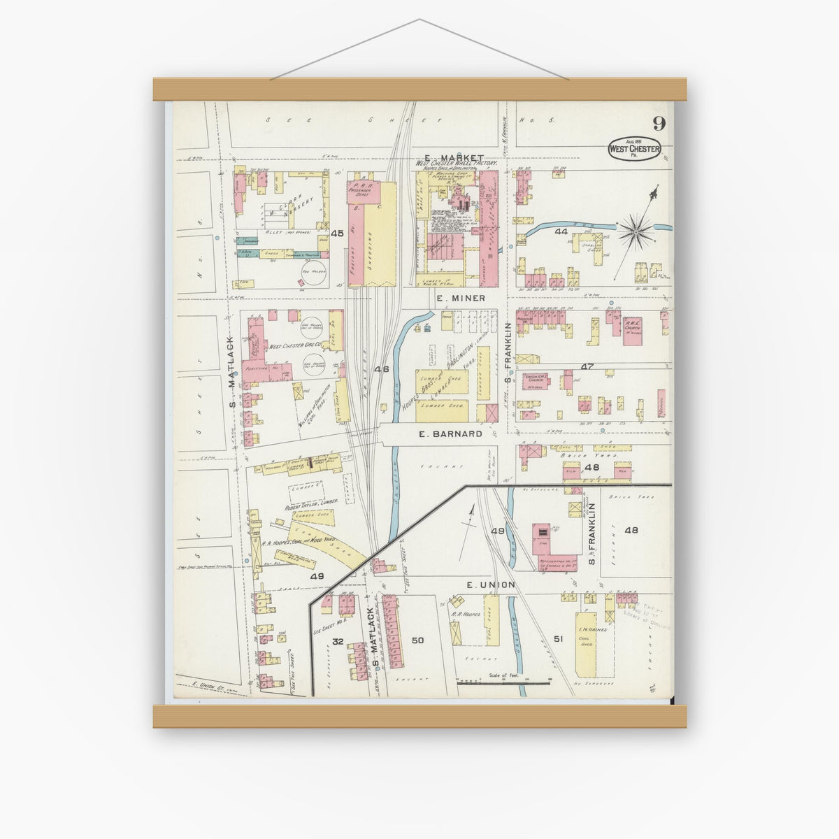 Old map wall art mockup — magnetic wood frame on white wall — Sanborn Fire Insurance Map from West Chester, Chester County, Pennsylvania (1891), Sheet #0009