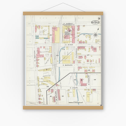 Old map wall art mockup — magnetic wood frame on white wall — Sanborn Fire Insurance Map from West Chester, Chester County, Pennsylvania (1891), Sheet #0009