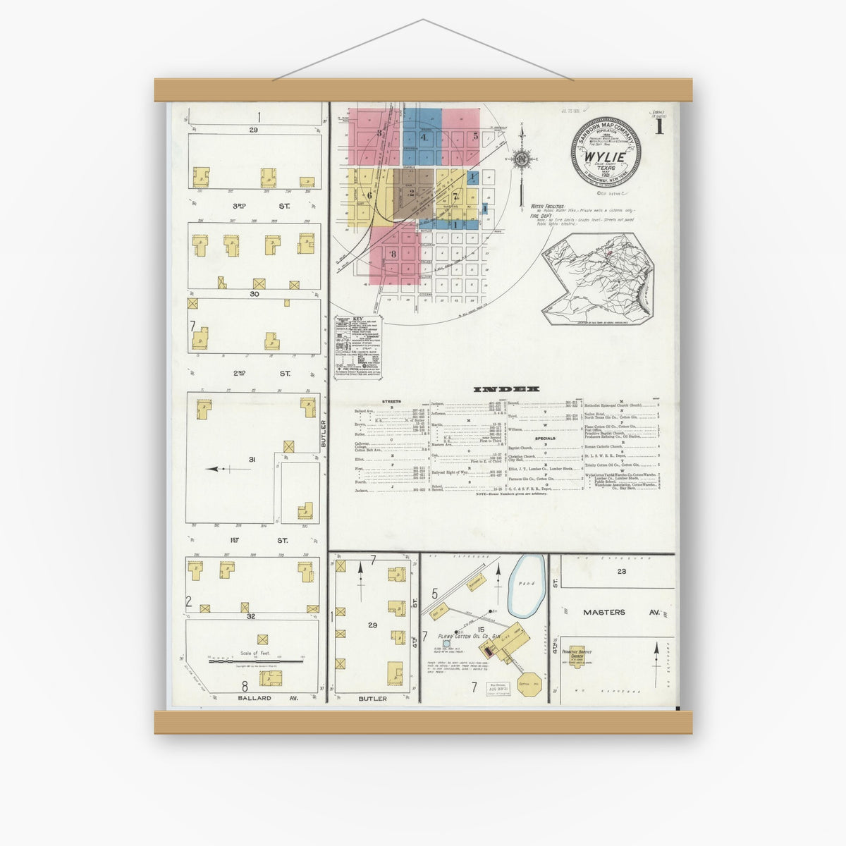 Old map wall art mockup — magnetic wood frame on white wall — Sanborn Fire Insurance Map from Wylie, Collin County, Texas (1921) - Complete Map Set