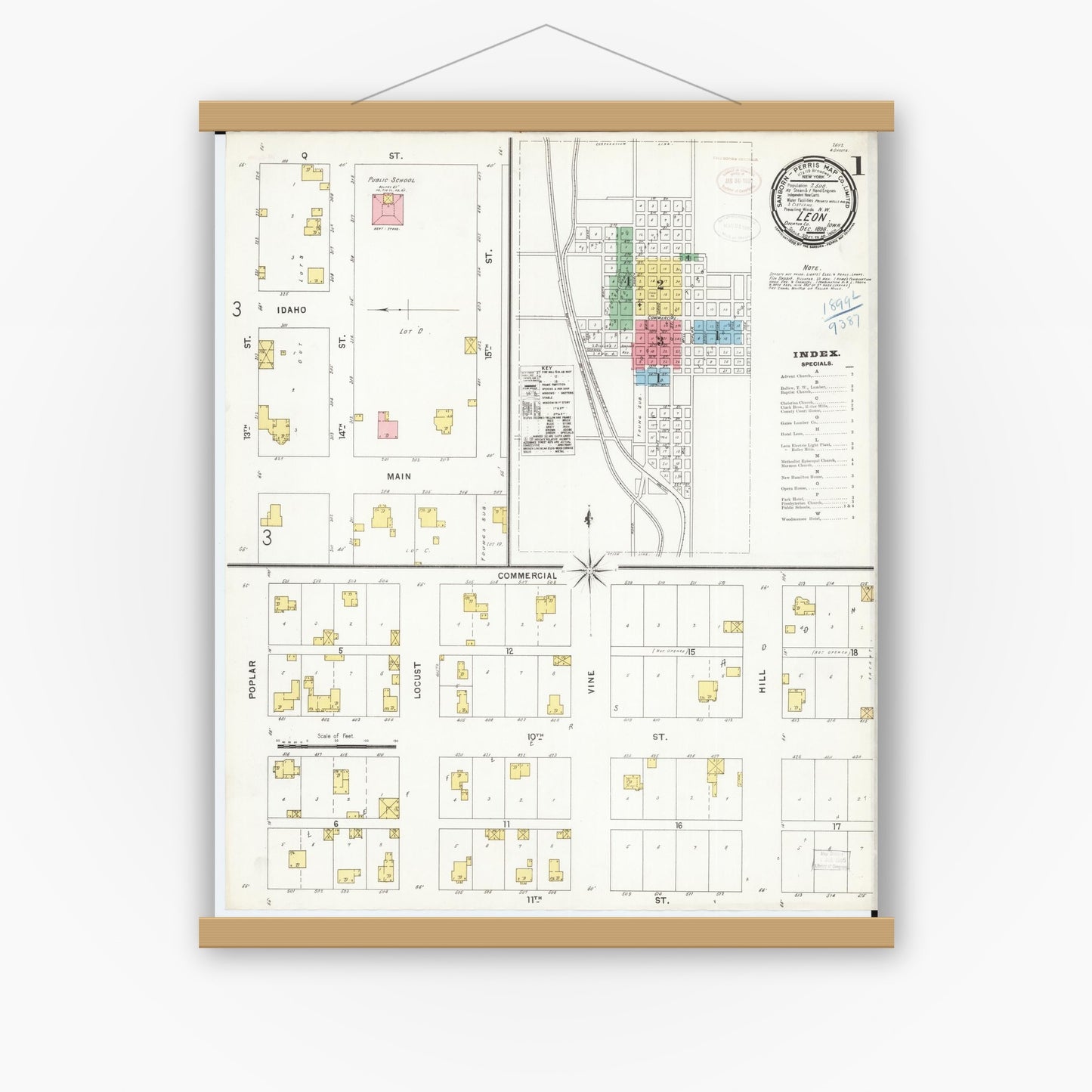 Old map wall art mockup — magnetic wood frame on white wall — Sanborn Fire Insurance Map from Leon, Decatur County, Iowa (1898), Sheet #0001