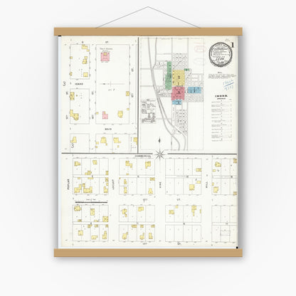 Old map wall art mockup — magnetic wood frame on white wall — Sanborn Fire Insurance Map from Leon, Decatur County, Iowa (1898), Sheet #0001