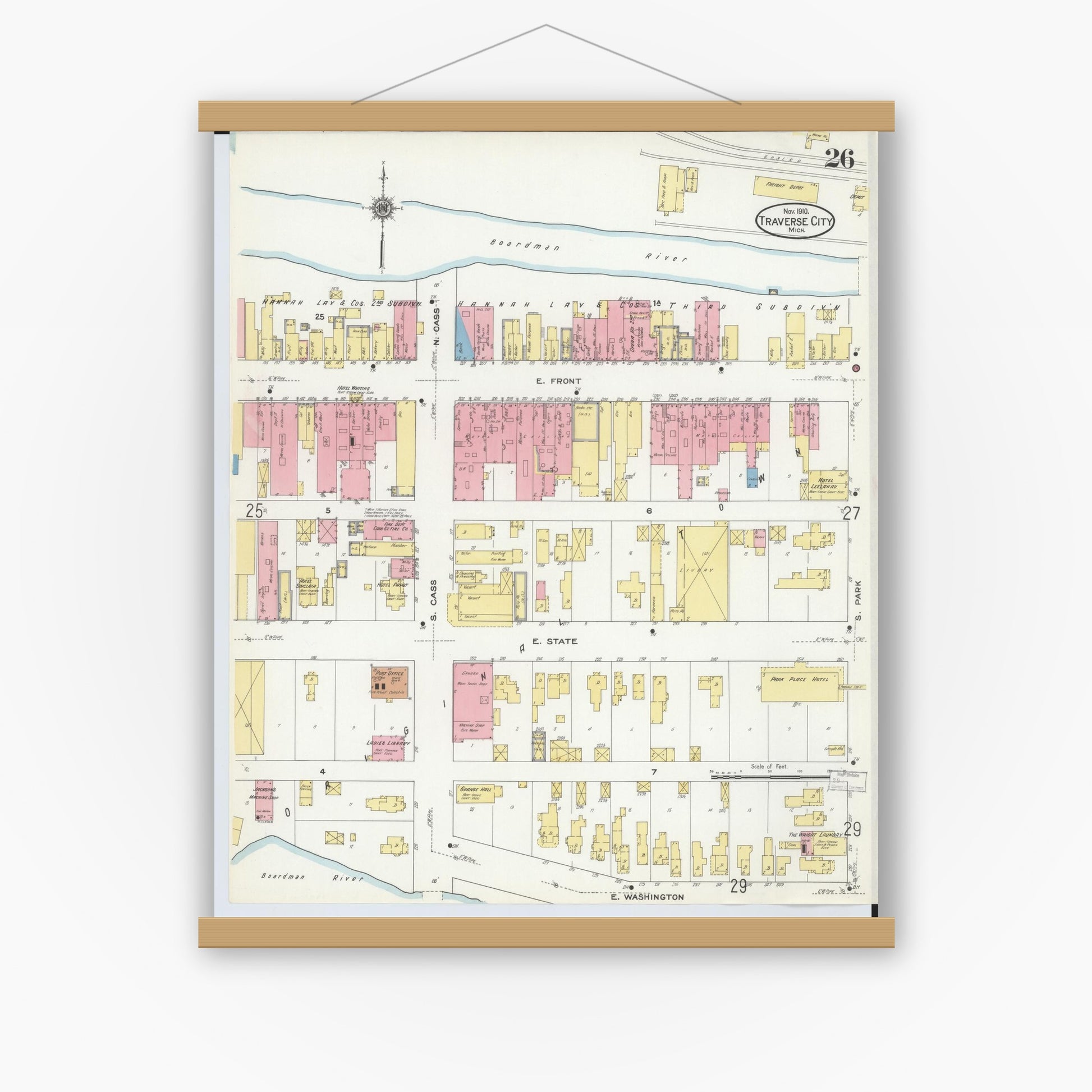 Old map wall art mockup — magnetic wood frame on white wall — Sanborn Fire Insurance Map from Traverse City, Grand Traverse County, Michigan (1910), Sheet #0026