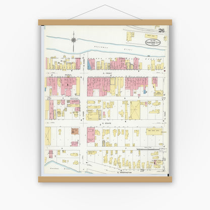 Old map wall art mockup — magnetic wood frame on white wall — Sanborn Fire Insurance Map from Traverse City, Grand Traverse County, Michigan (1910), Sheet #0026