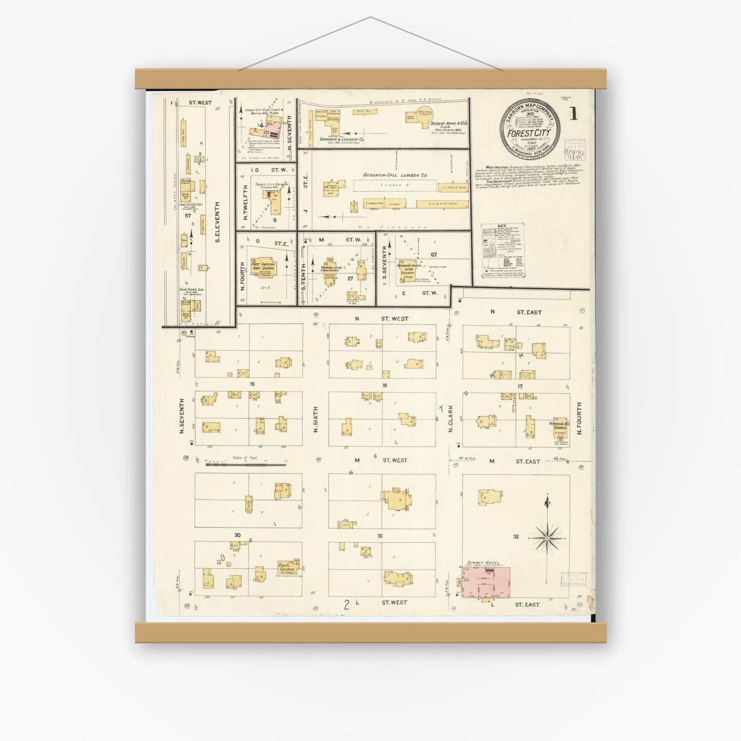 Old map wall art mockup — magnetic wood frame on white wall — Sanborn Fire Insurance Map from Forest City, Winnebago County, Iowa (1907) â€” Complete Set