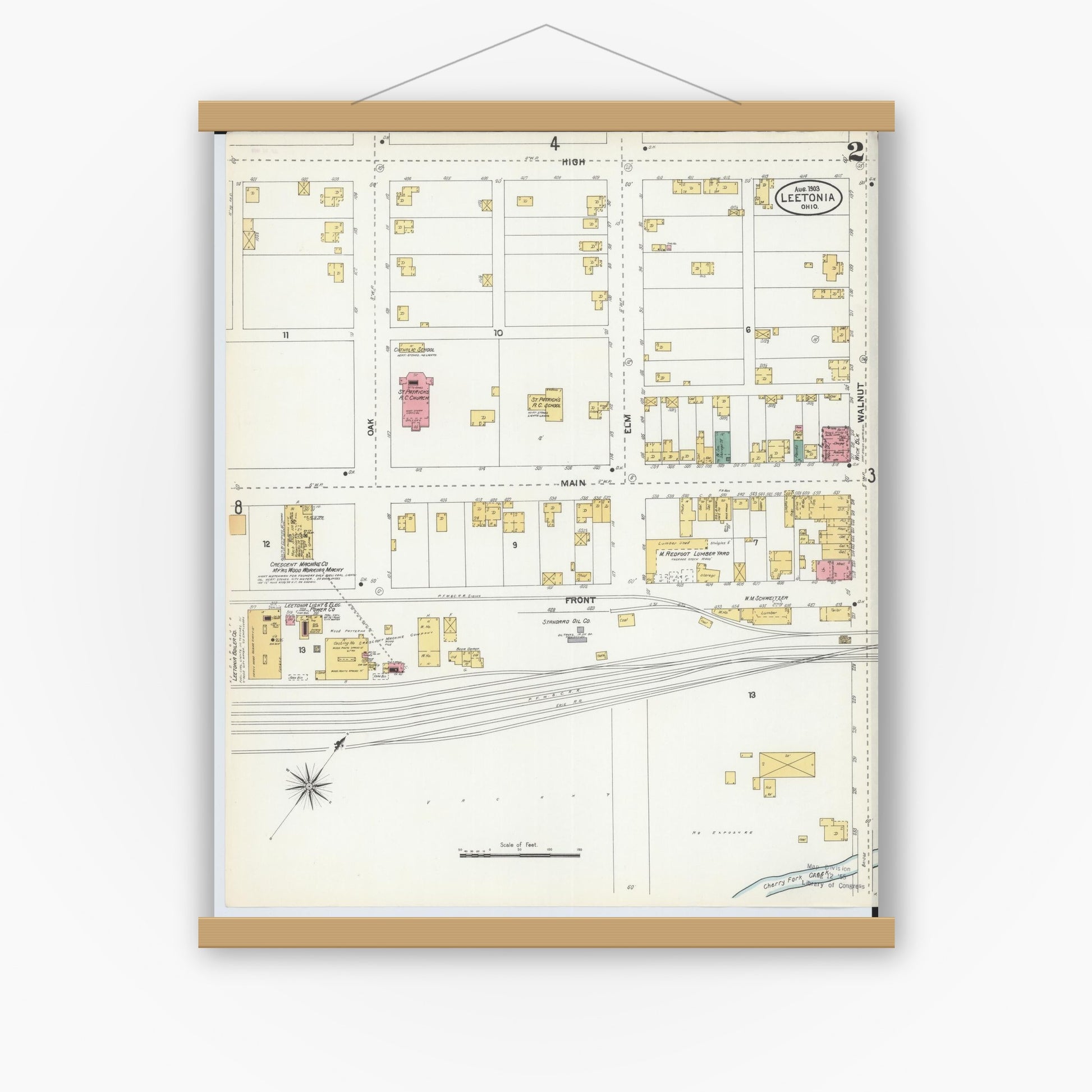 Old map wall art mockup — magnetic wood frame on white wall — Sanborn Fire Insurance Map from Leetonia, Columbiana County, Ohio (1903), Sheet #0002
