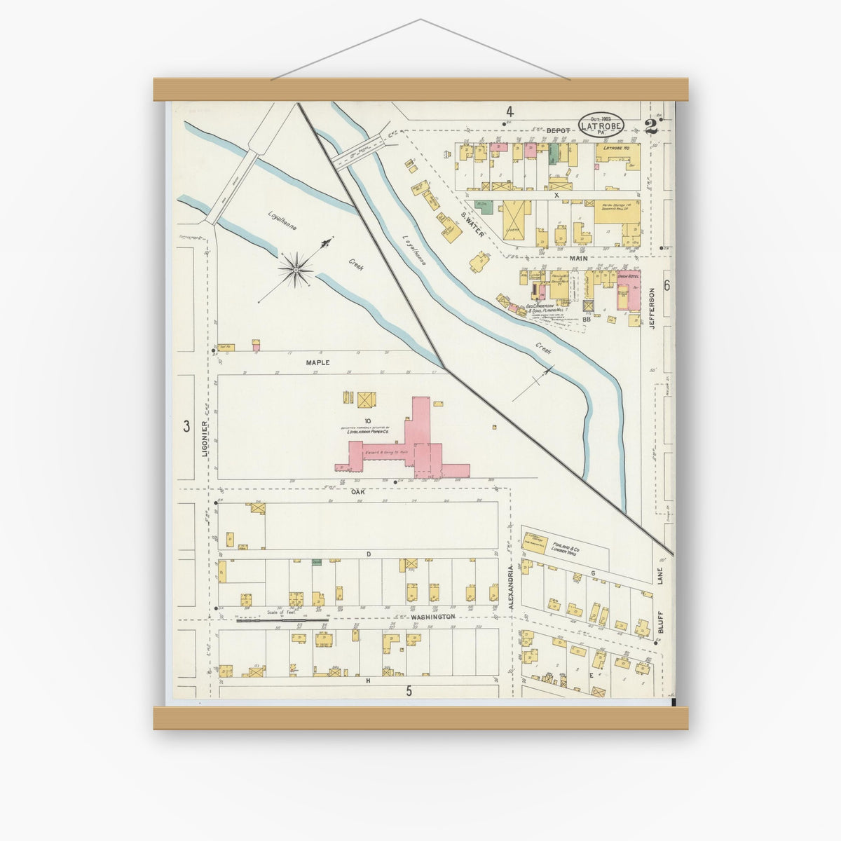 Old map wall art mockup — magnetic wood frame on white wall — Sanborn Fire Insurance Map from Latrobe, Westmoreland County, Pennsylvania (1903), Sheet #0002