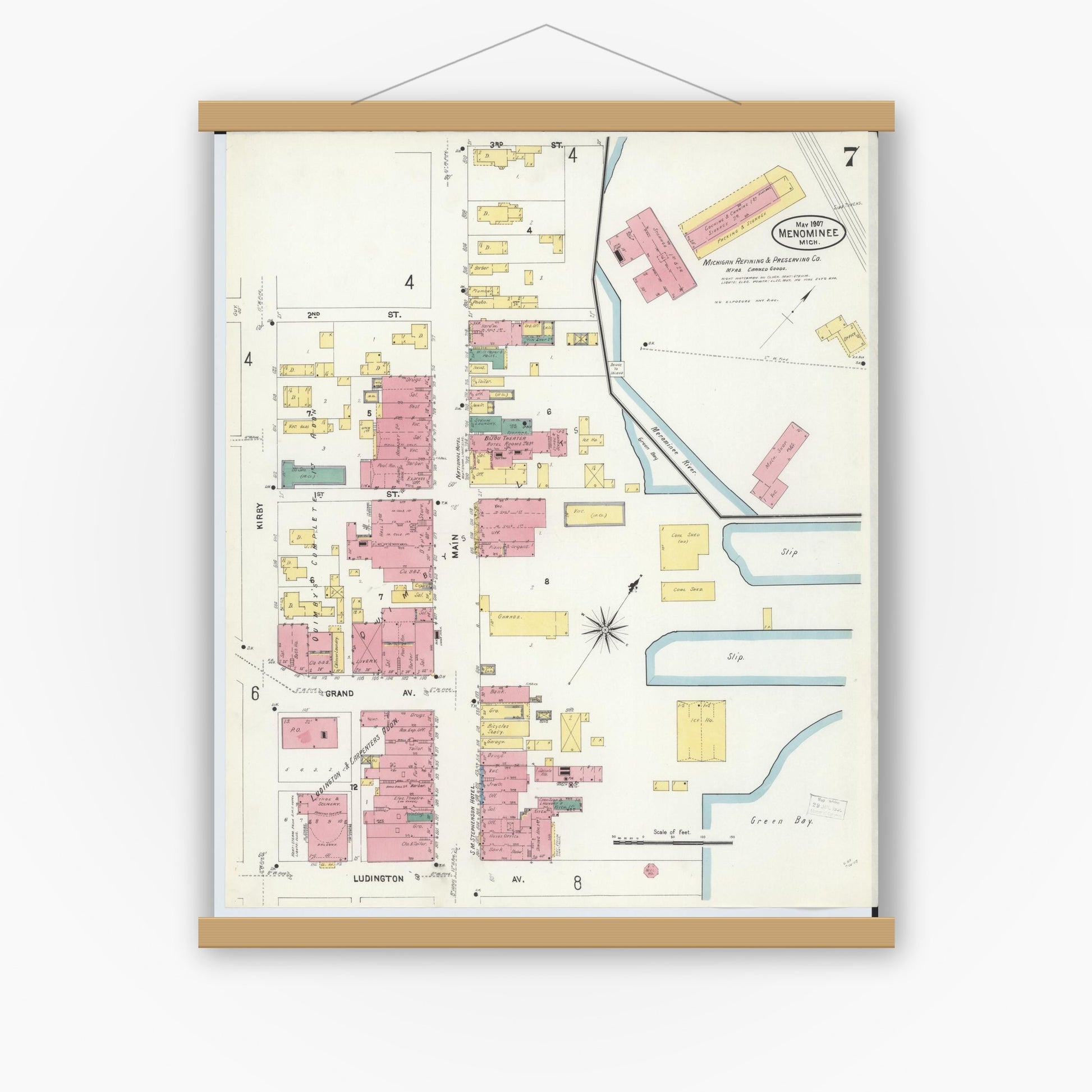 Old map wall art mockup — magnetic wood frame on white wall — Sanborn Fire Insurance Map from Menominee, Menominee County, Michigan (1907), Sheet #0007