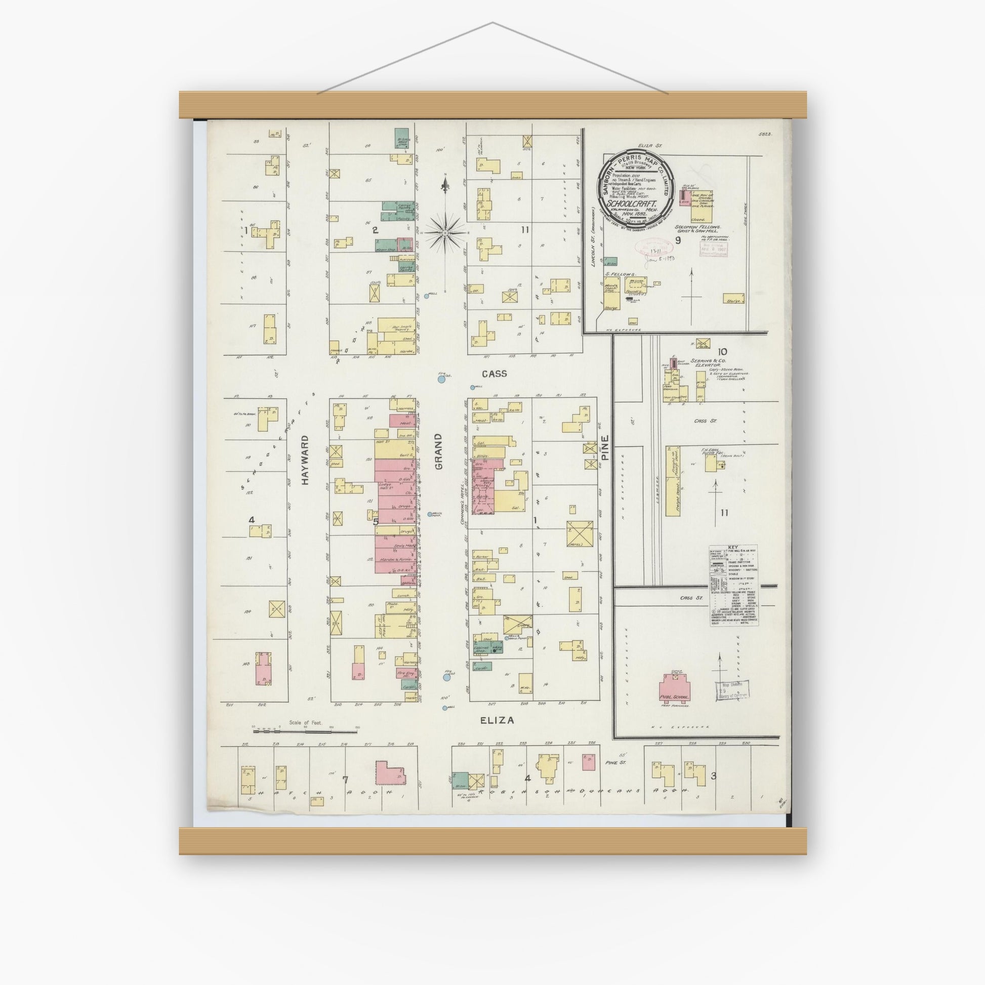 Old map wall art mockup — magnetic wood frame on white wall — Sanborn Fire Insurance Map from Schoolcraft, Kalamazoo County, Michigan (1892), Sheet #0001