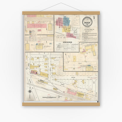 Old map wall art mockup — magnetic wood frame on white wall — Sanborn Fire Insurance Map from Akron, Fulton County, Indiana (1932) - Complete Map Set