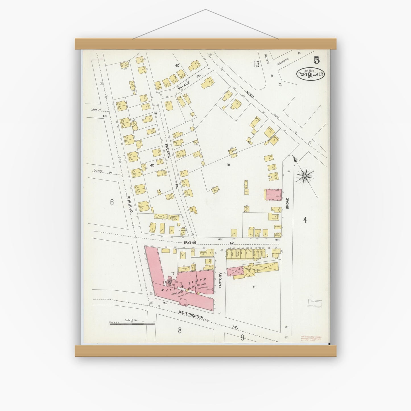 Old map wall art mockup — magnetic wood frame on white wall — Sanborn Fire Insurance Map from Port Chester, Westchester County, New York (1902), Sheet #0005