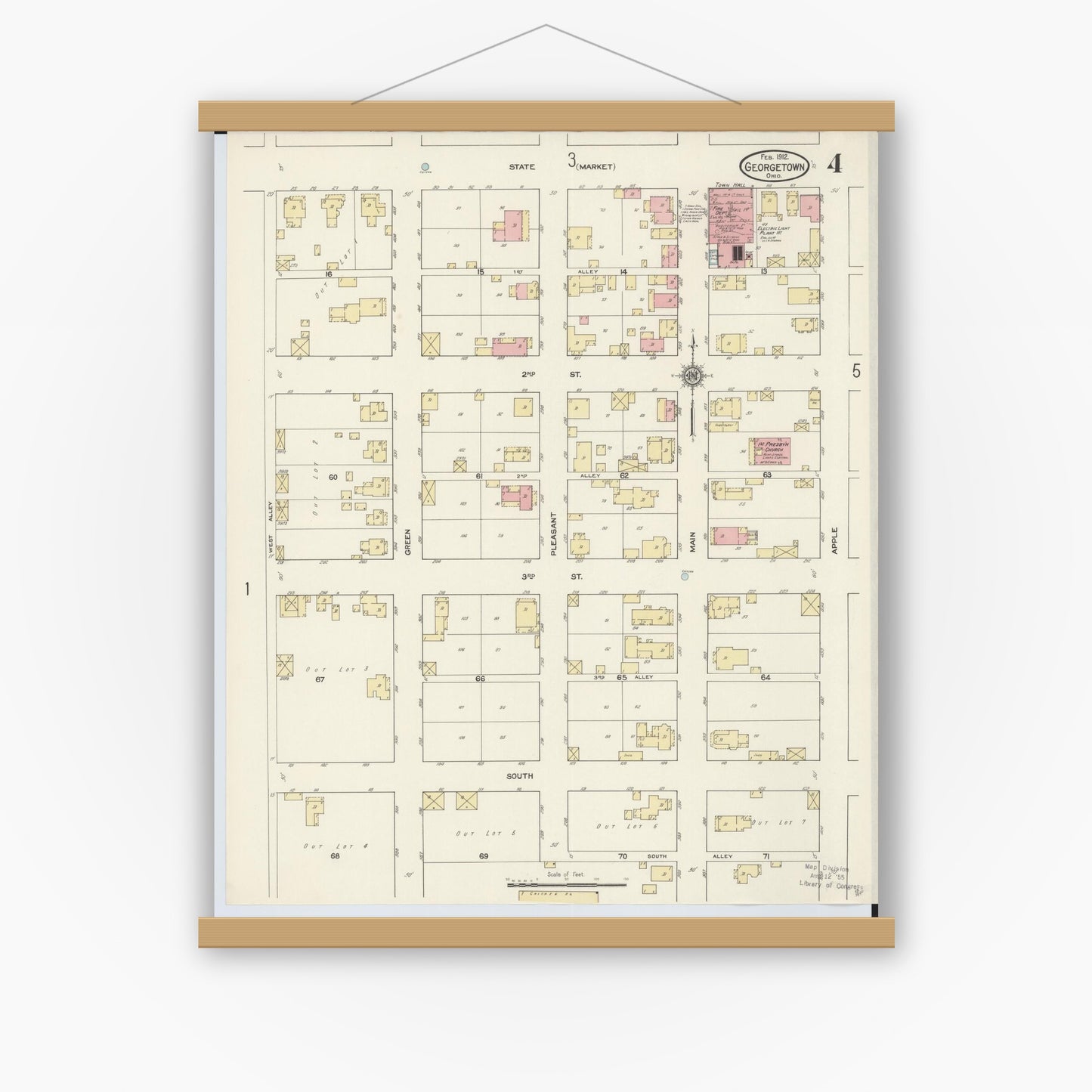 Old map wall art mockup — magnetic wood frame on white wall — Sanborn Fire Insurance Map from Georgetown, Brown County, Ohio (1912), Sheet #0004