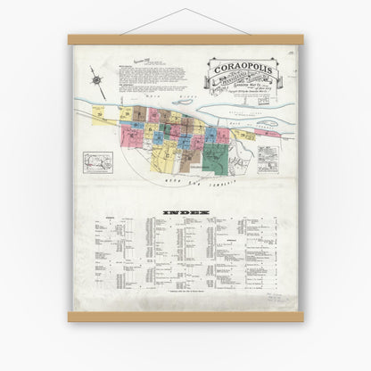 Old map wall art mockup — magnetic wood frame on white wall — Sanborn Fire Insurance Map from Coraopolis, Allegheny County, Pennsylvania (1924) - Complete Map Set