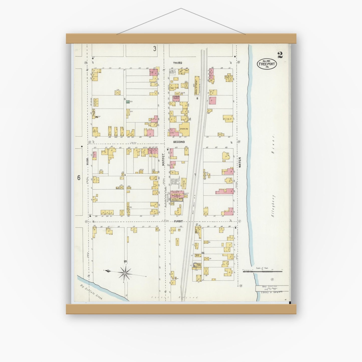 Old map wall art mockup — magnetic wood frame on white wall — Sanborn Fire Insurance Map from Freeport, Armstrong County, Pennsylvania (1902), Sheet #0002