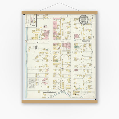 Old map wall art mockup — magnetic wood frame on white wall — Sanborn Fire Insurance Map from Prospect, Marion County, Ohio (1896), Sheet #0001
