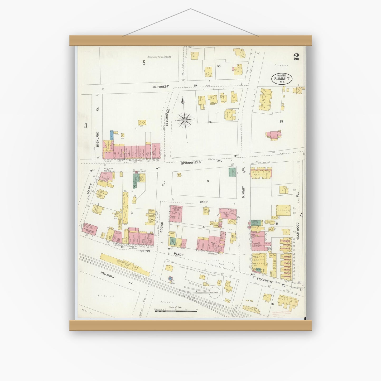 Old map wall art mockup — magnetic wood frame on white wall — Sanborn Fire Insurance Map from Summit, Union County, New Jersey (1903), Sheet #0002