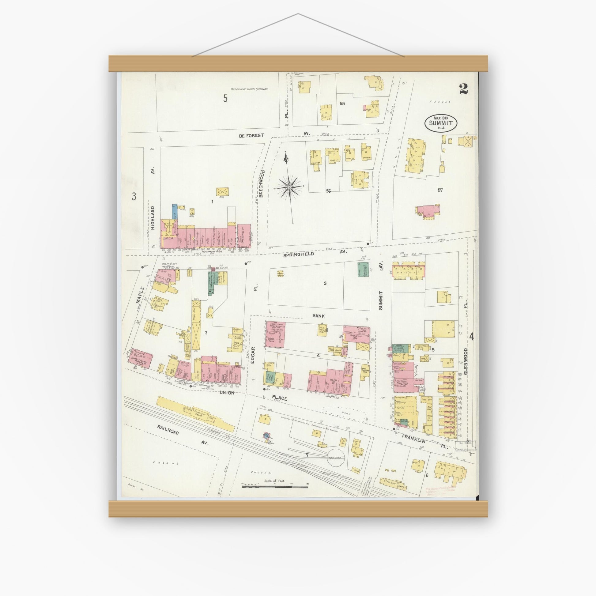 Old map wall art mockup — magnetic wood frame on white wall — Sanborn Fire Insurance Map from Summit, Union County, New Jersey (1903), Sheet #0002