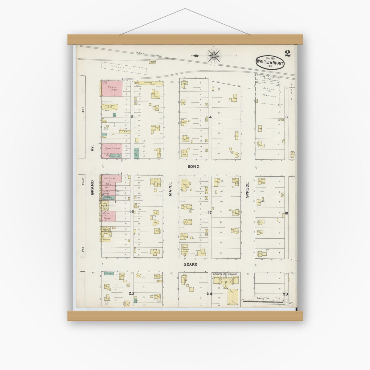 Old map wall art mockup — magnetic wood frame on white wall — Sanborn Fire Insurance Map from Whitewright, Grayson County, Texas (1891), Sheet #0002