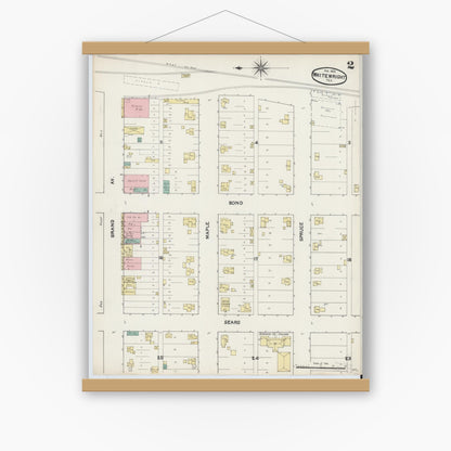 Old map wall art mockup — magnetic wood frame on white wall — Sanborn Fire Insurance Map from Whitewright, Grayson County, Texas (1891), Sheet #0002