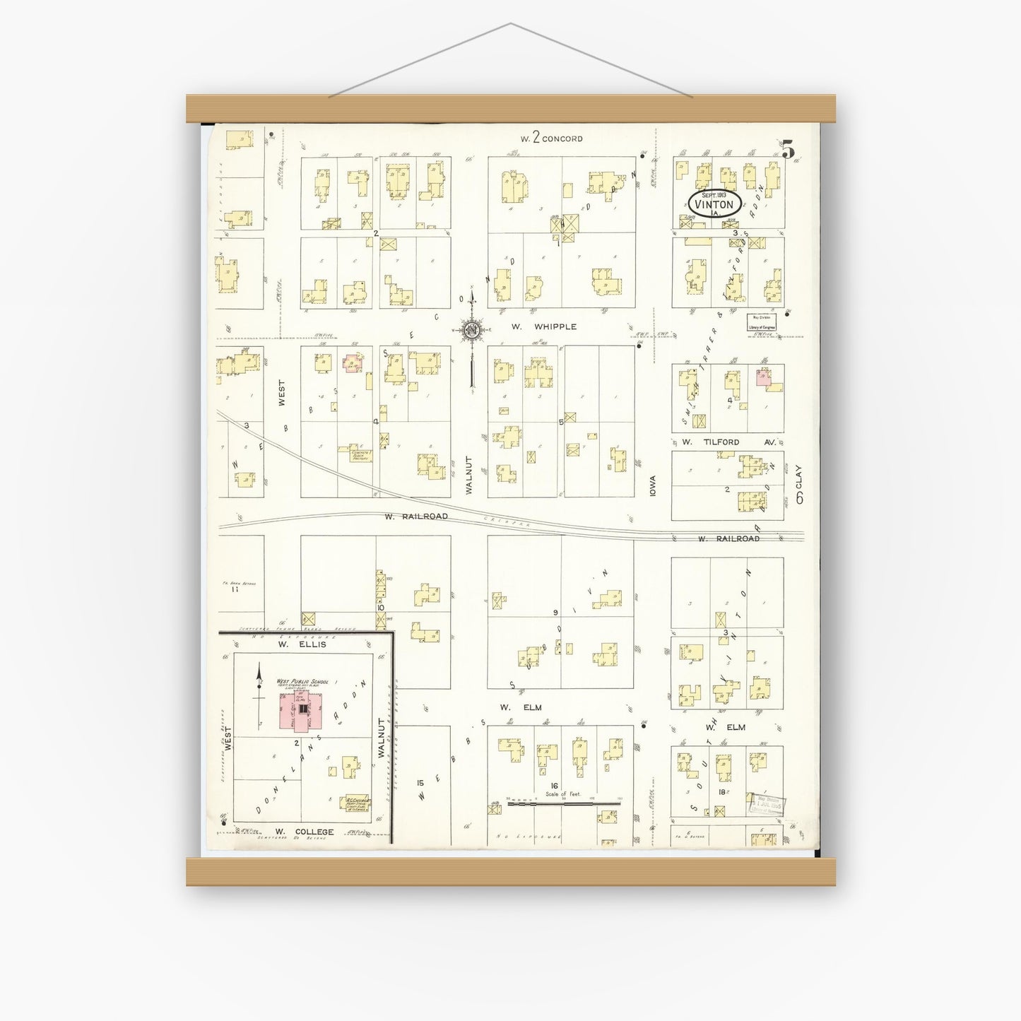 Old map wall art mockup — magnetic wood frame on white wall — Sanborn Fire Insurance Map from Vinton, Benton County, Iowa (1913), Sheet #0005