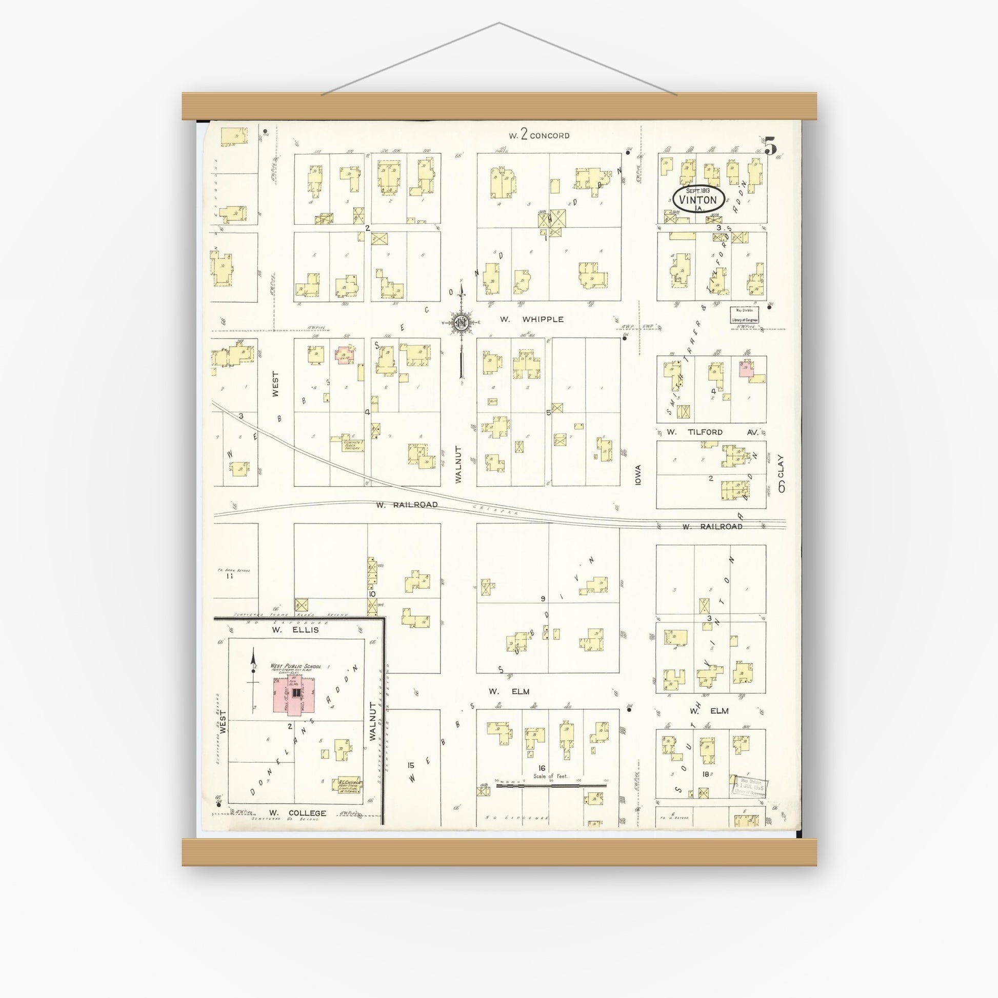 Old map wall art mockup — magnetic wood frame on white wall — Sanborn Fire Insurance Map from Vinton, Benton County, Iowa (1913), Sheet #0005