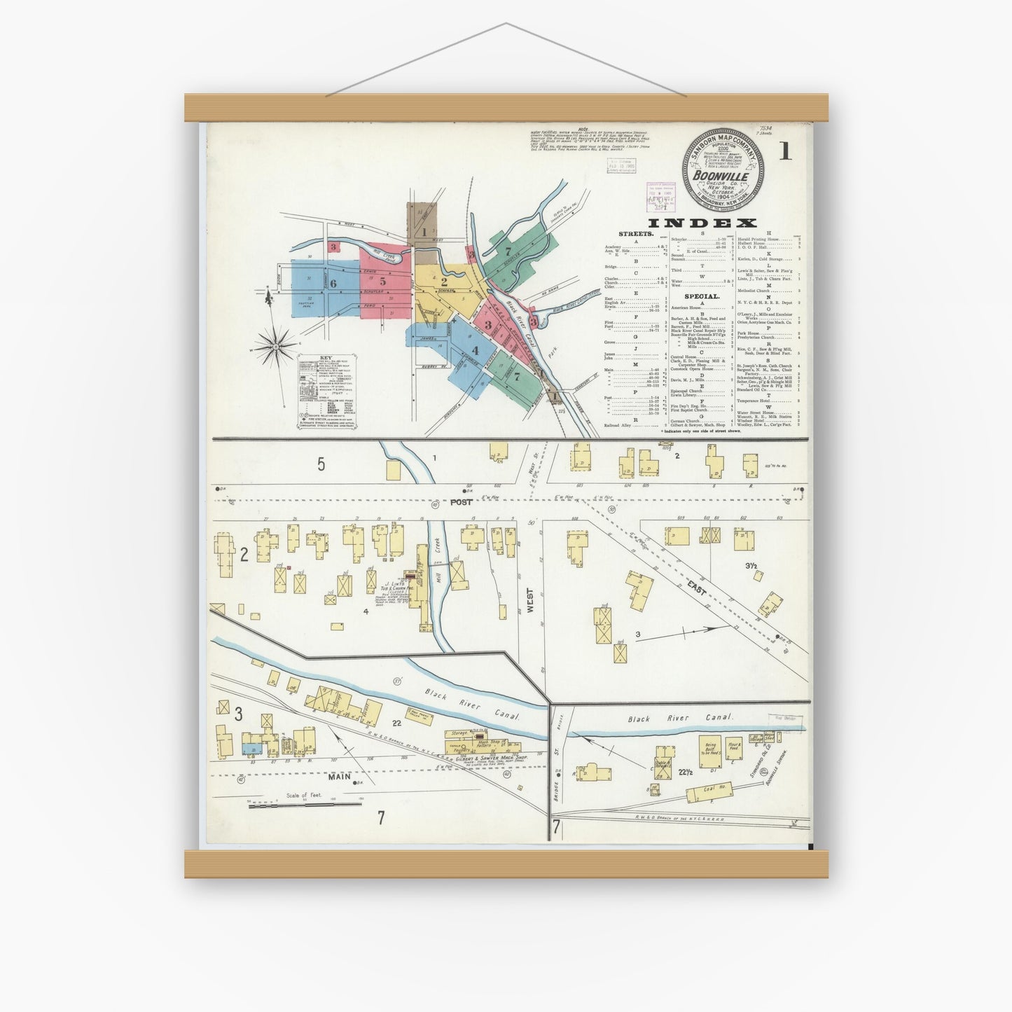 Old map wall art mockup — magnetic wood frame on white wall — Sanborn Fire Insurance Map from Boonville, Oneida County, New York (1904) - Complete Map Set