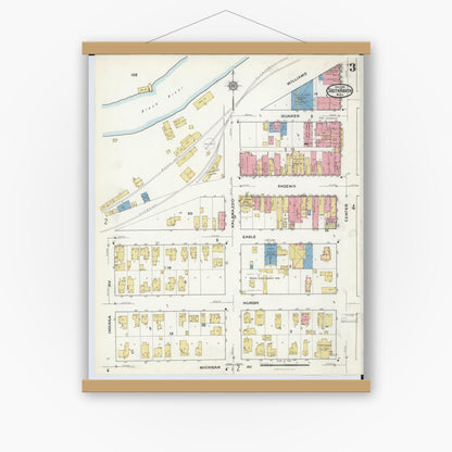 Old map wall art mockup — magnetic wood frame on white wall — Sanborn Fire Insurance Map from South Haven, Van Buren County, Michigan (1916), Sheet #0003