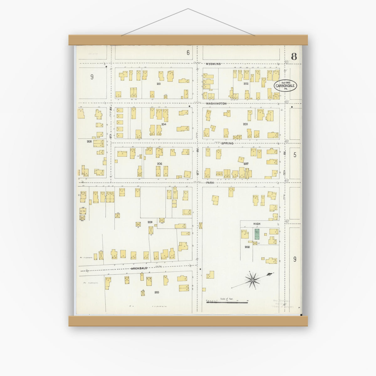 Old map wall art mockup — magnetic wood frame on white wall — Sanborn Fire Insurance Map from Carbondale, Lackawanna County, Pennsylvania (1903), Sheet #0008