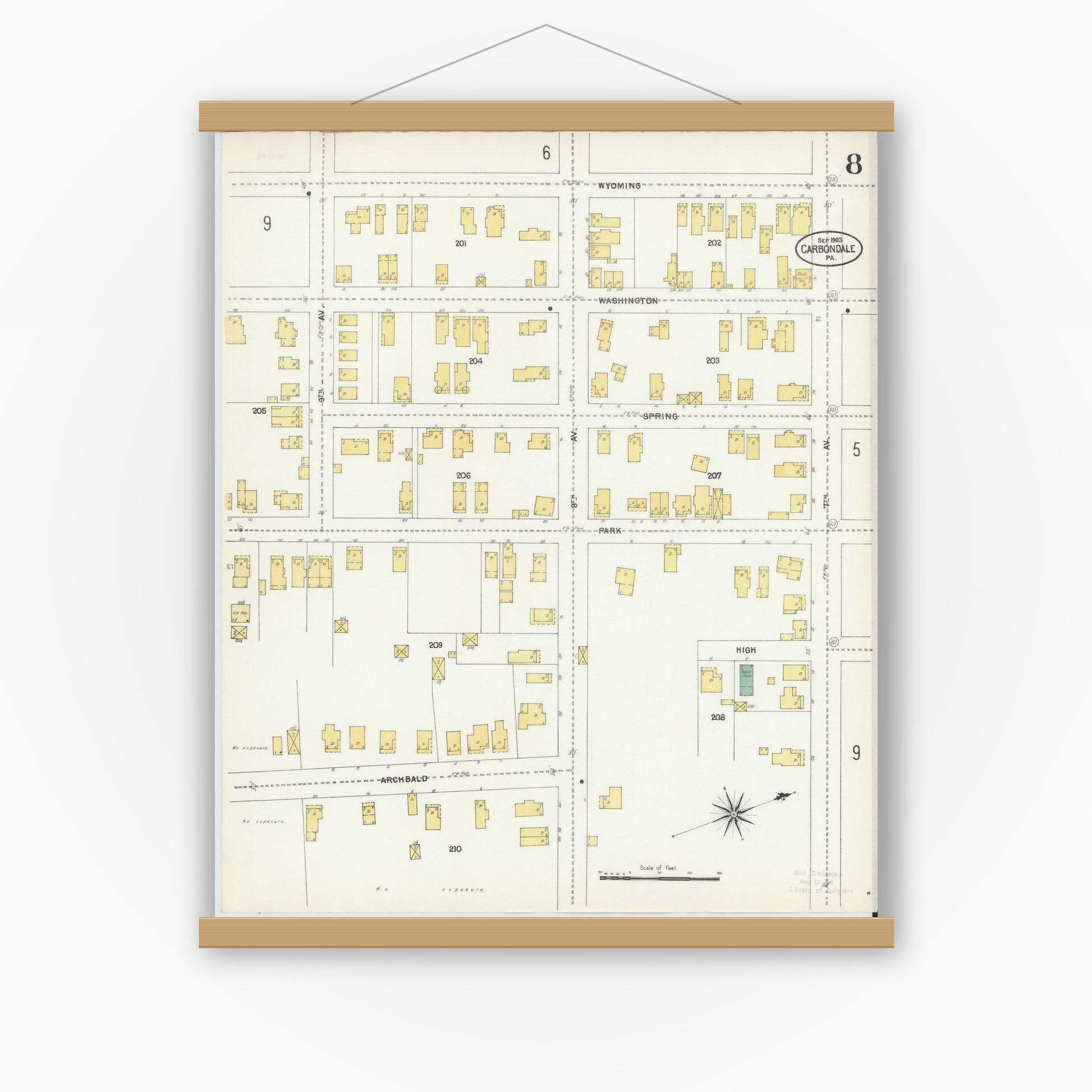 Old map wall art mockup — magnetic wood frame on white wall — Sanborn Fire Insurance Map from Carbondale, Lackawanna County, Pennsylvania (1903), Sheet #0008