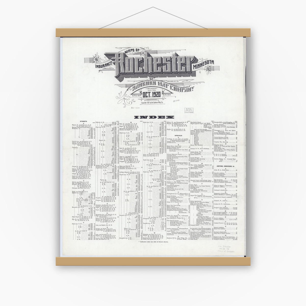 Old map wall art mockup — magnetic wood frame on white wall — Sanborn Fire Insurance Map from Rochester, Olmsted County, Minnesota (1920), Sheet #0001