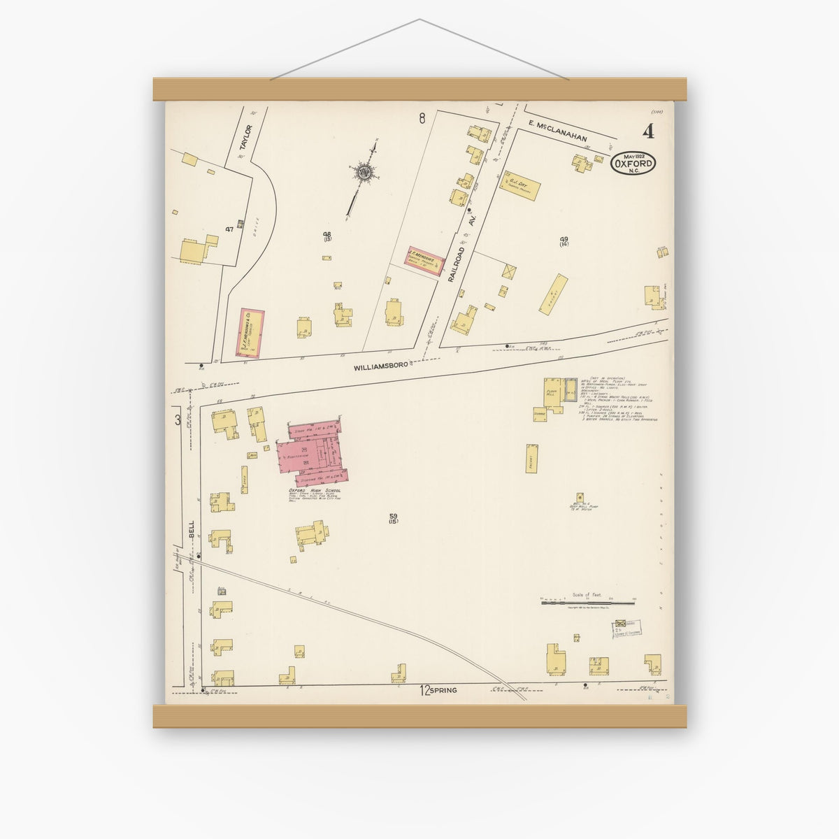 Old map wall art mockup — magnetic wood frame on white wall — Sanborn Fire Insurance Map from Oxford, Granville County, North Carolina (1922), Sheet #0004