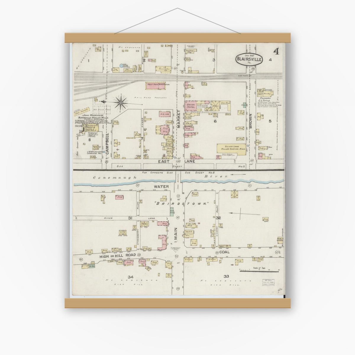Old map wall art mockup — magnetic wood frame on white wall — Sanborn Fire Insurance Map from Blairsville, Indiana County, Pennsylvania (1887), Sheet #0004