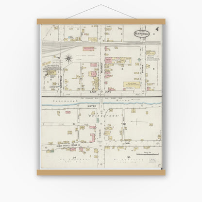 Old map wall art mockup — magnetic wood frame on white wall — Sanborn Fire Insurance Map from Blairsville, Indiana County, Pennsylvania (1887), Sheet #0004