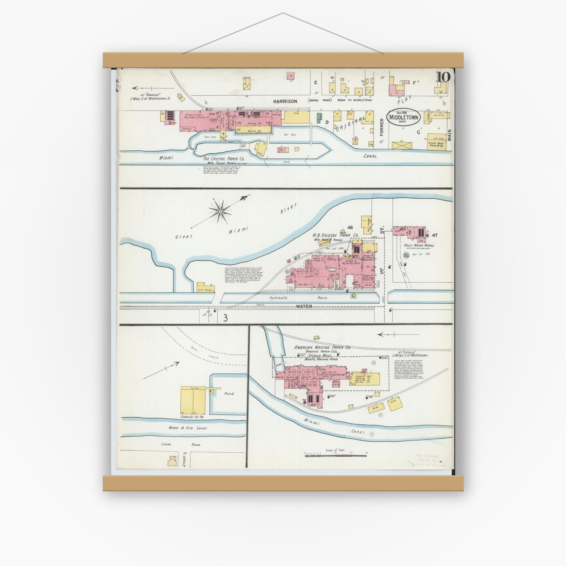 Old map wall art mockup — magnetic wood frame on white wall — Sanborn Fire Insurance Map from Middletown, Butler County, Ohio (1901), Sheet #0010