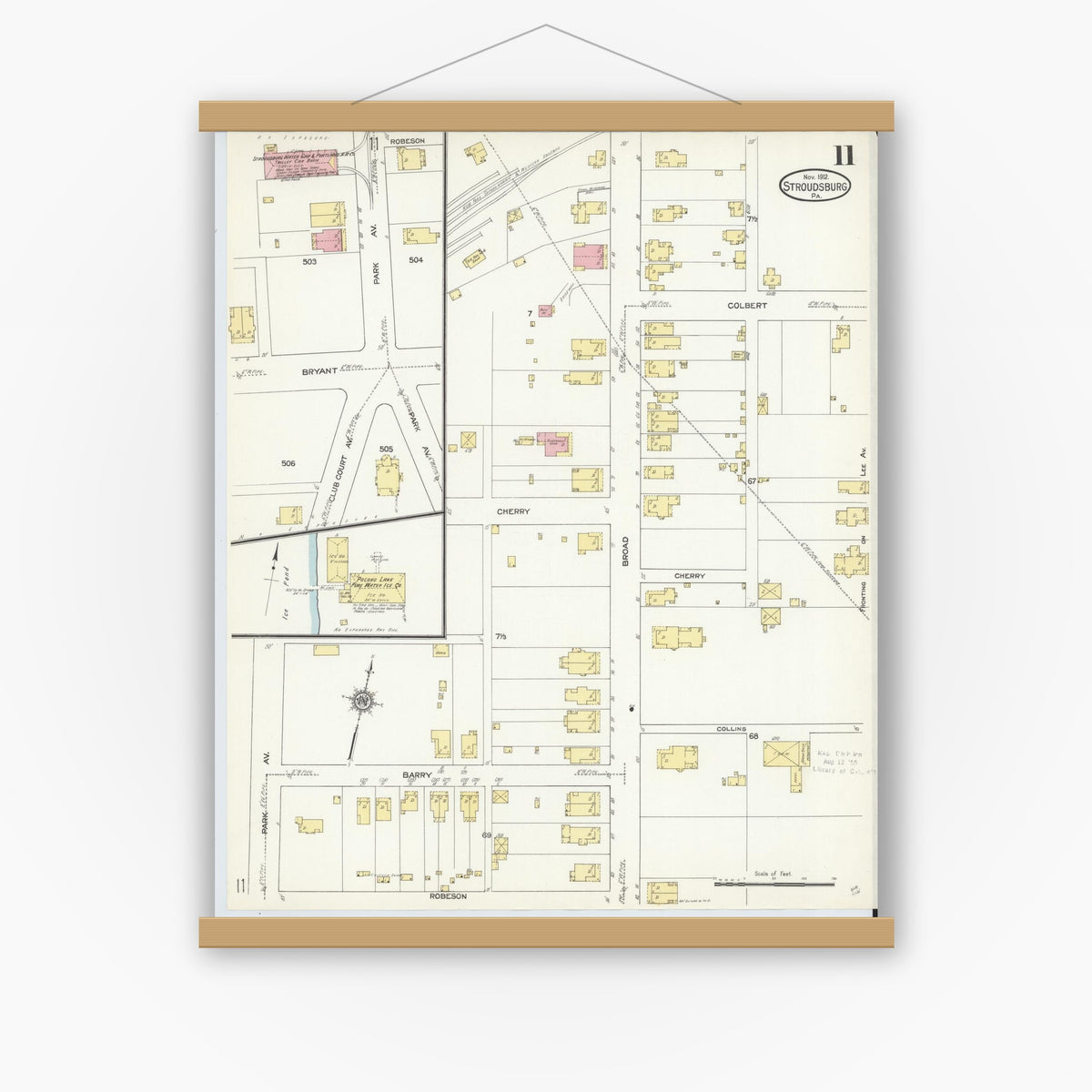 Old map wall art mockup — magnetic wood frame on white wall — Sanborn Fire Insurance Map from Stroudsburg, Monroe County, Pennsylvania (1912), Sheet #0011