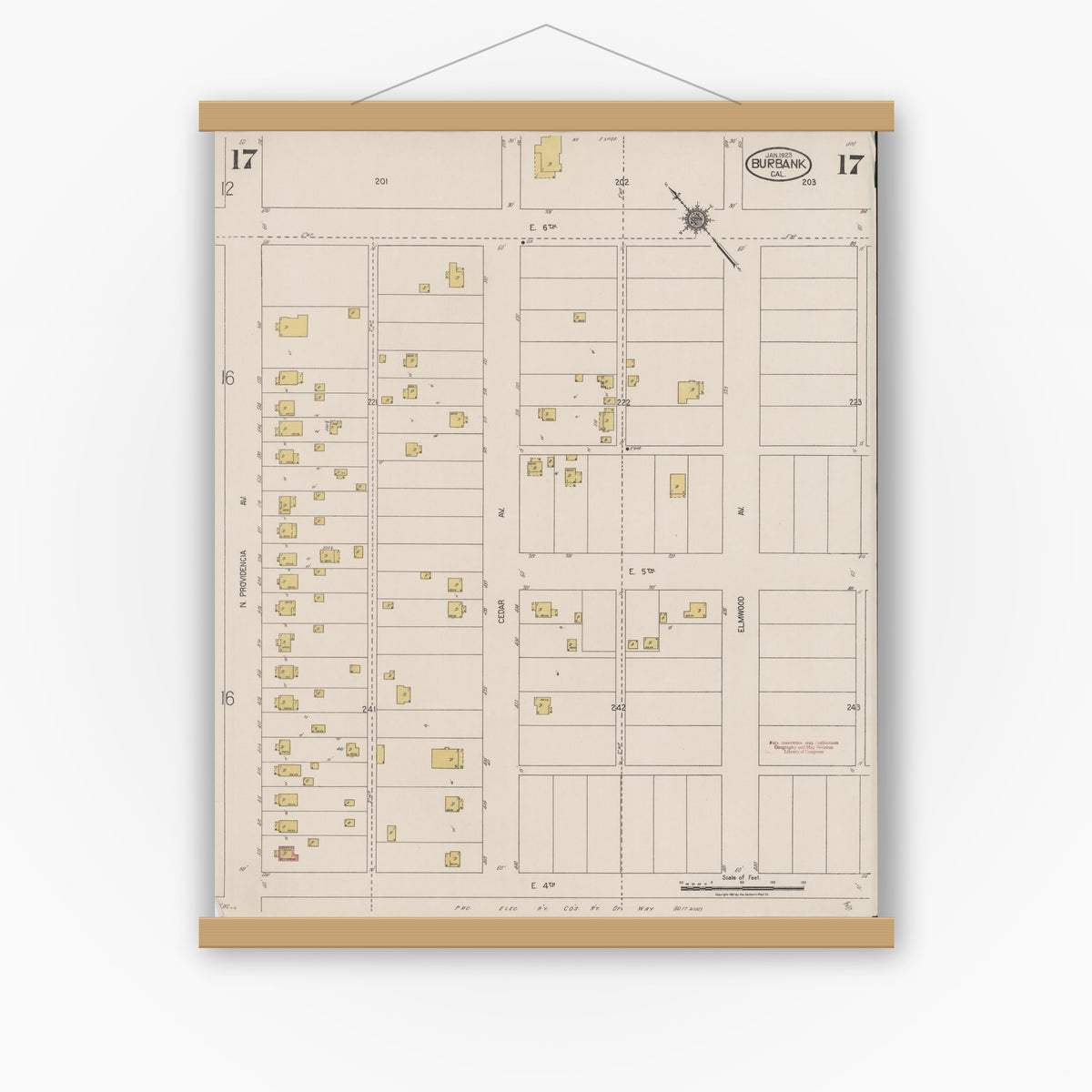 Old map wall art mockup — magnetic wood frame on white wall — Sanborn Fire Insurance Map from Burbank, Los Angeles County, California (1923), Sheet #0017