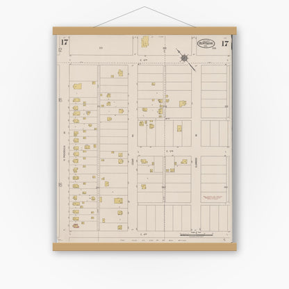 Old map wall art mockup — magnetic wood frame on white wall — Sanborn Fire Insurance Map from Burbank, Los Angeles County, California (1923), Sheet #0017