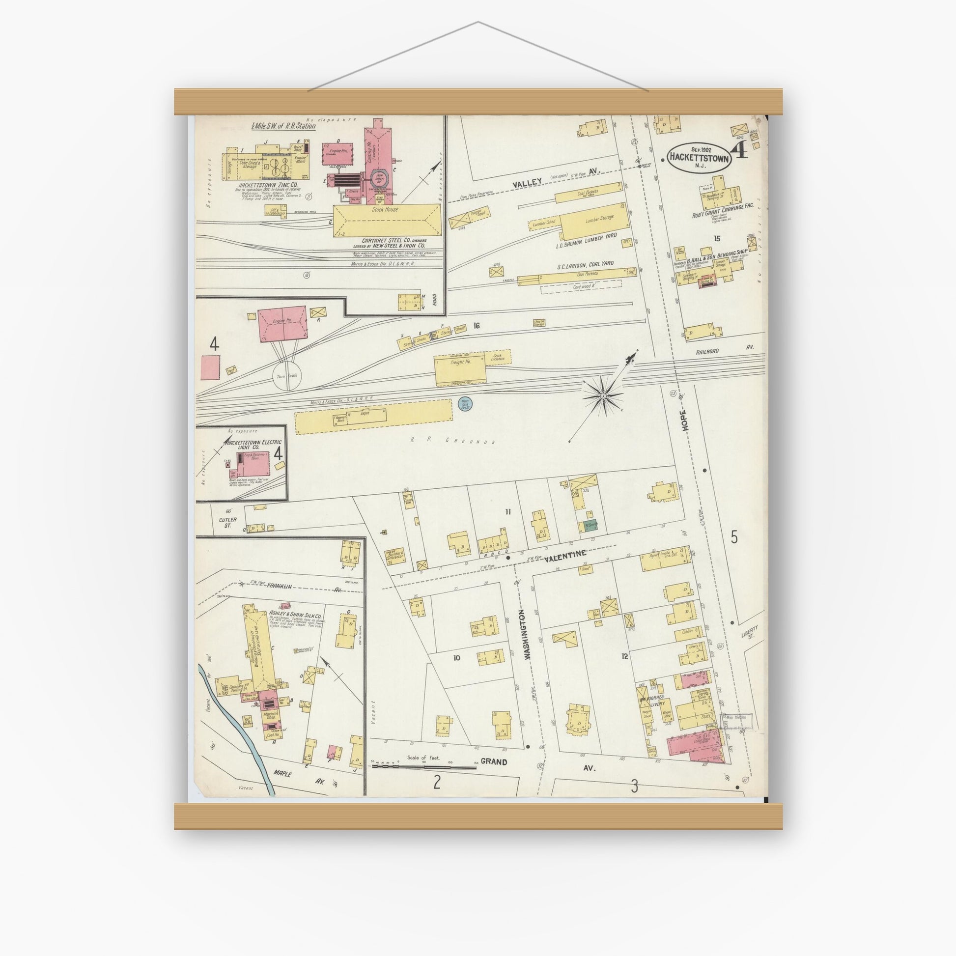 Old map wall art mockup — magnetic wood frame on white wall — Sanborn Fire Insurance Map from Hackettstown, Warren County, New Jersey (1902), Sheet #0004