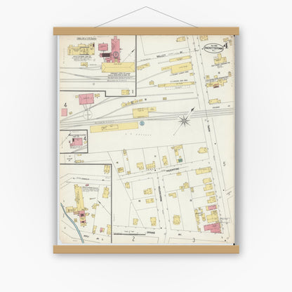 Old map wall art mockup — magnetic wood frame on white wall — Sanborn Fire Insurance Map from Hackettstown, Warren County, New Jersey (1902), Sheet #0004