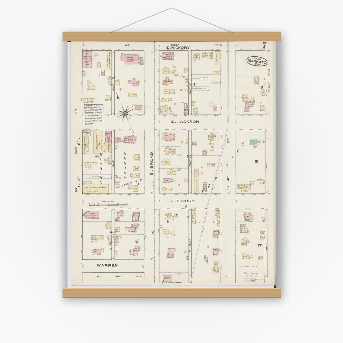 Old map wall art mockup — magnetic wood frame on white wall — Sanborn Fire Insurance Map from Mankato, Blue Earth County, Minnesota (1884), Sheet #0007
