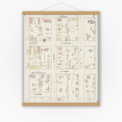 Old map wall art mockup — magnetic wood frame on white wall — Sanborn Fire Insurance Map from Mankato, Blue Earth County, Minnesota (1884), Sheet #0007