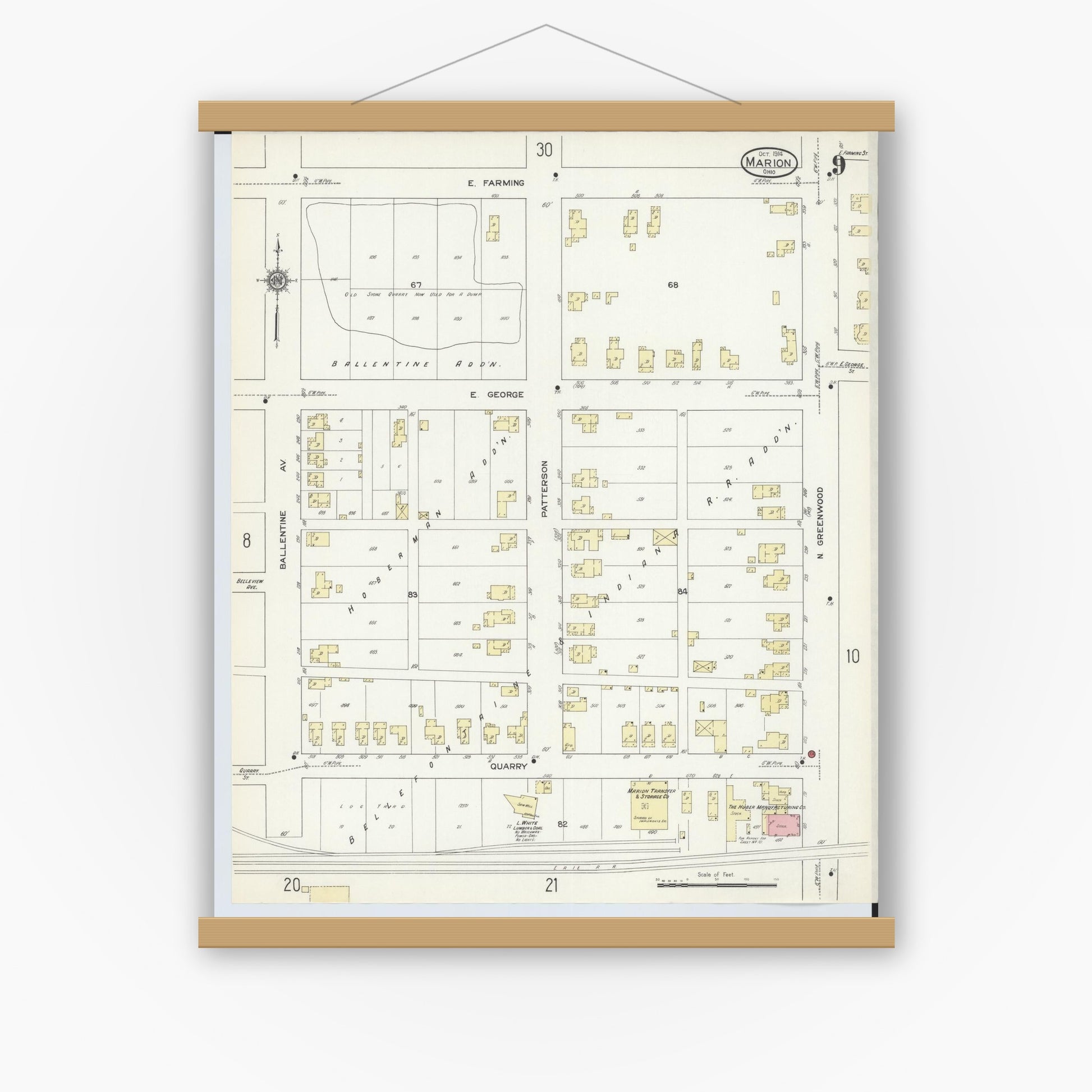 Old map wall art mockup — magnetic wood frame on white wall — Sanborn Fire Insurance Map from Marion, Marion County, Ohio (1914), Sheet #0009