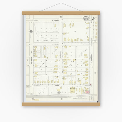 Old map wall art mockup — magnetic wood frame on white wall — Sanborn Fire Insurance Map from Marion, Marion County, Ohio (1914), Sheet #0009