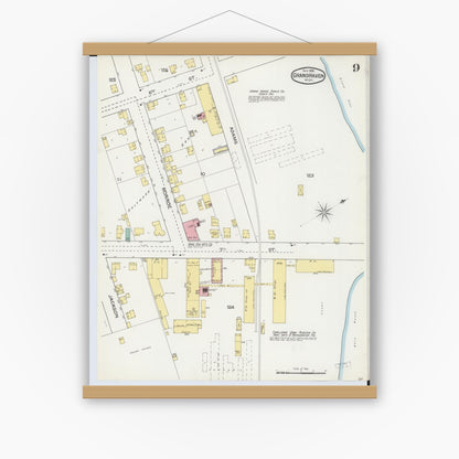 Old map wall art mockup — magnetic wood frame on white wall — Sanborn Fire Insurance Map from Grand Haven, Ottawa County, Michigan (1892), Sheet #0009