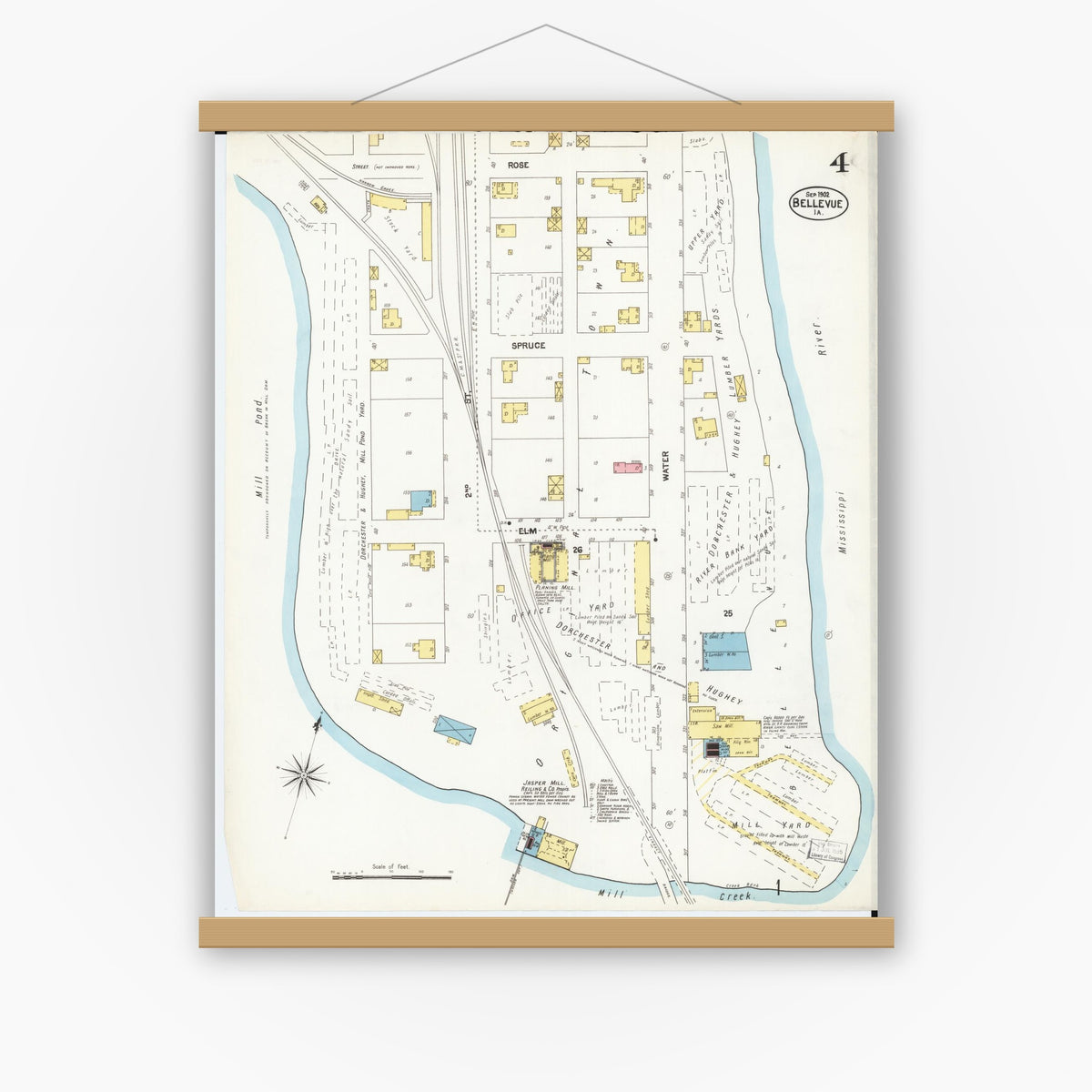 Old map wall art mockup — magnetic wood frame on white wall — Sanborn Fire Insurance Map from Bellevue, Jackson County, Iowa (1902), Sheet #0004
