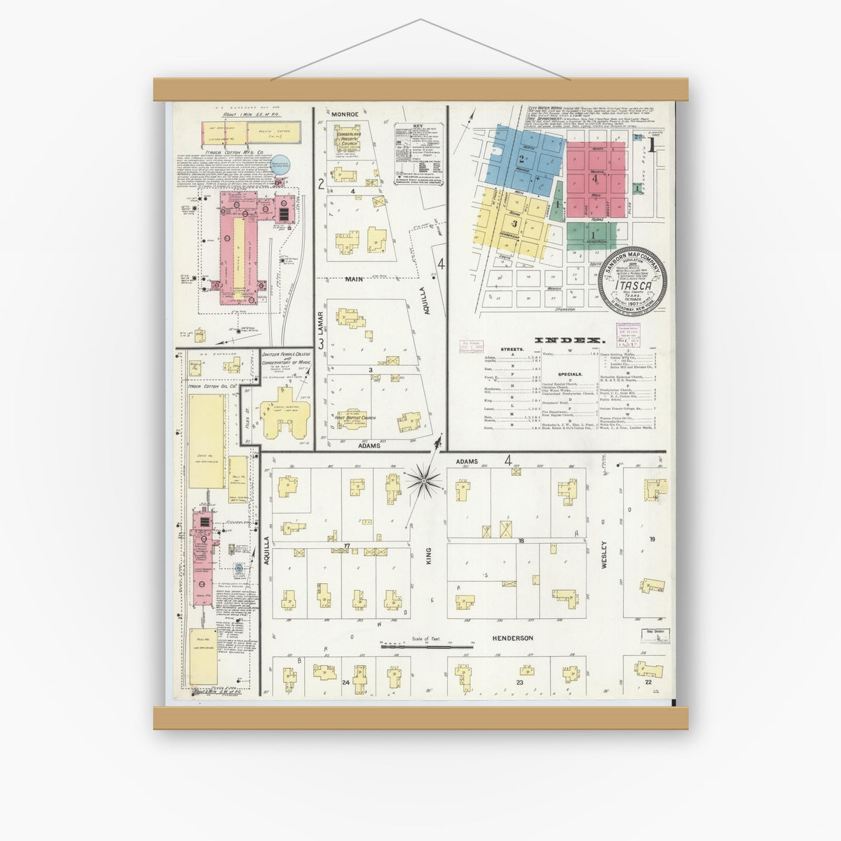 Old map wall art mockup — magnetic wood frame on white wall — Sanborn Fire Insurance Map from Itasca, Hill County, Texas (1907) - Complete Map Set