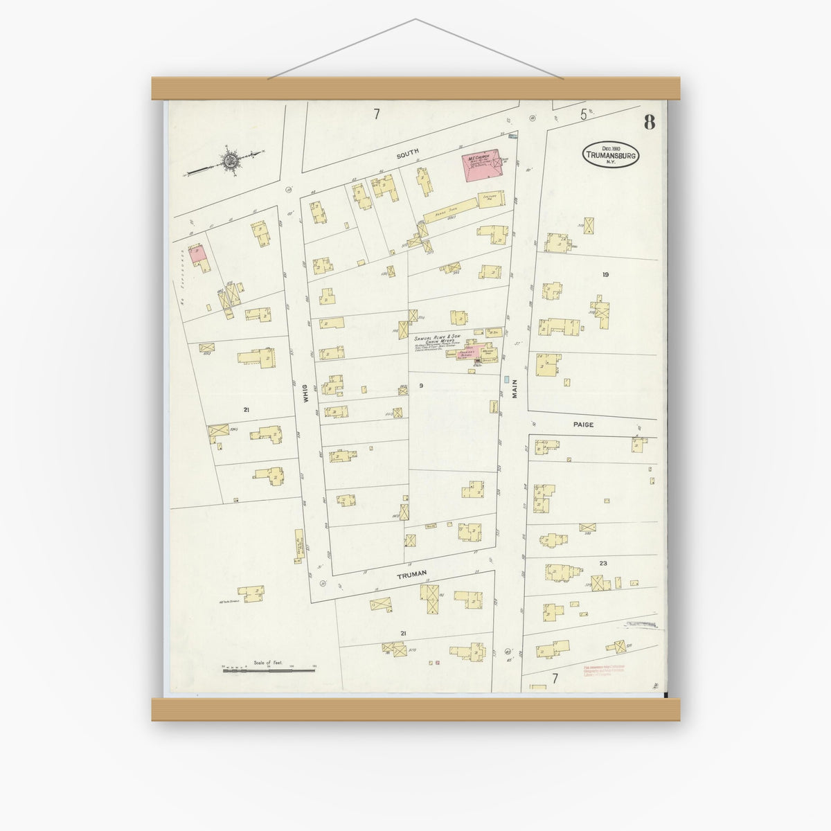 Old map wall art mockup — magnetic wood frame on white wall — Sanborn Fire Insurance Map from Trumansburg, Tompkins County, New York (1910), Sheet #0008