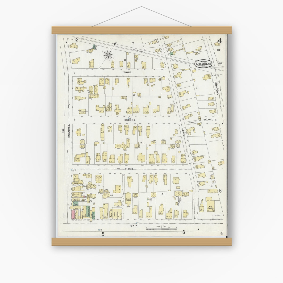 Old map wall art mockup — magnetic wood frame on white wall — Sanborn Fire Insurance Map from Riverhead, Suffolk County, New York (1897), Sheet #0004