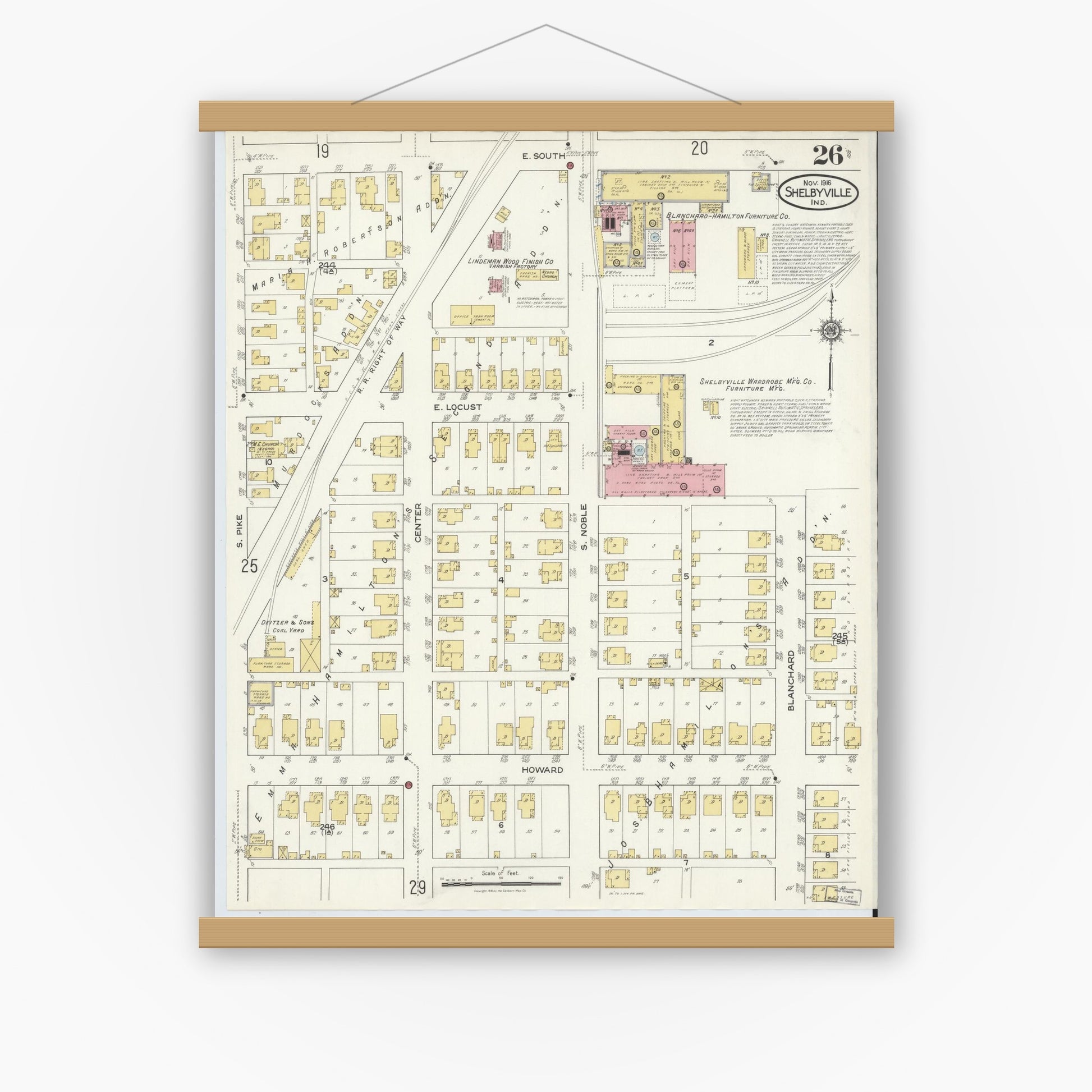 Old map wall art mockup — magnetic wood frame on white wall — Sanborn Fire Insurance Map from Shelbyville, Shelby County, Indiana (1916), Sheet #0026